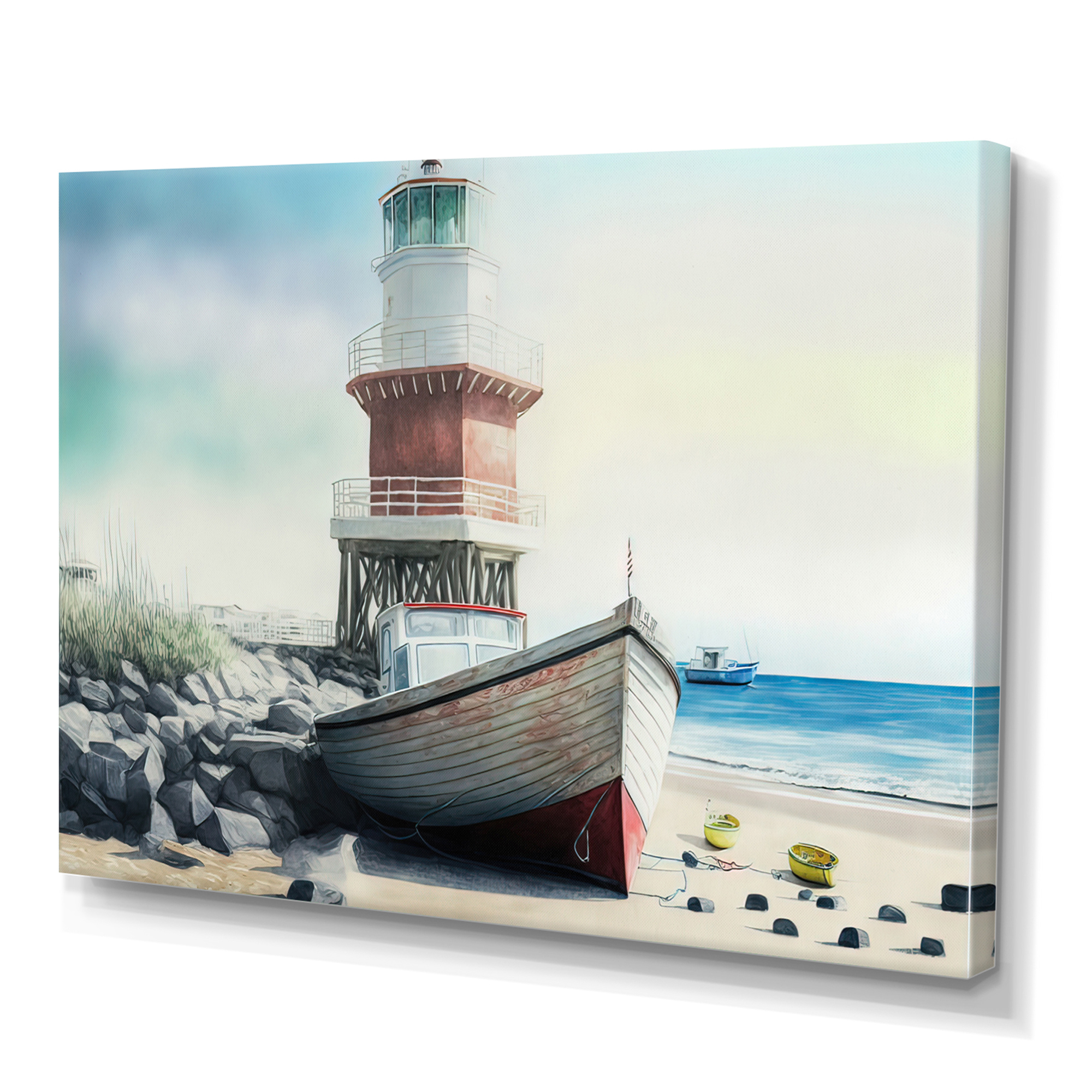 Designart Fishing Boat And Light House III Canvas Wall Art