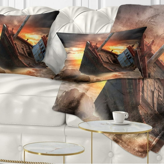 Designart Fishing Boat Beached - Landscape Photography Throw Pillow - 12x20