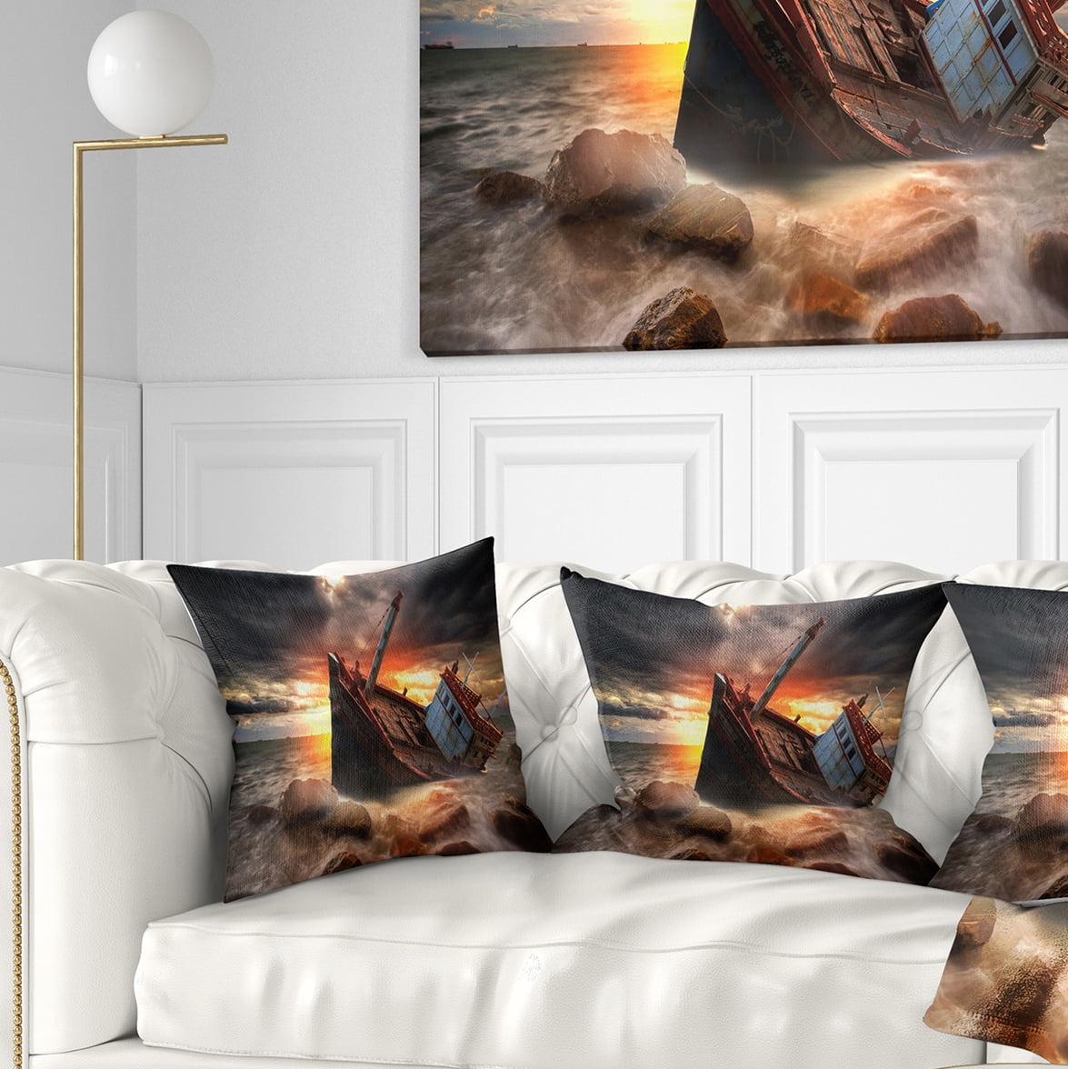 Designart Fishing Boat Beached - Landscape Photography Throw Pillow - 18x18