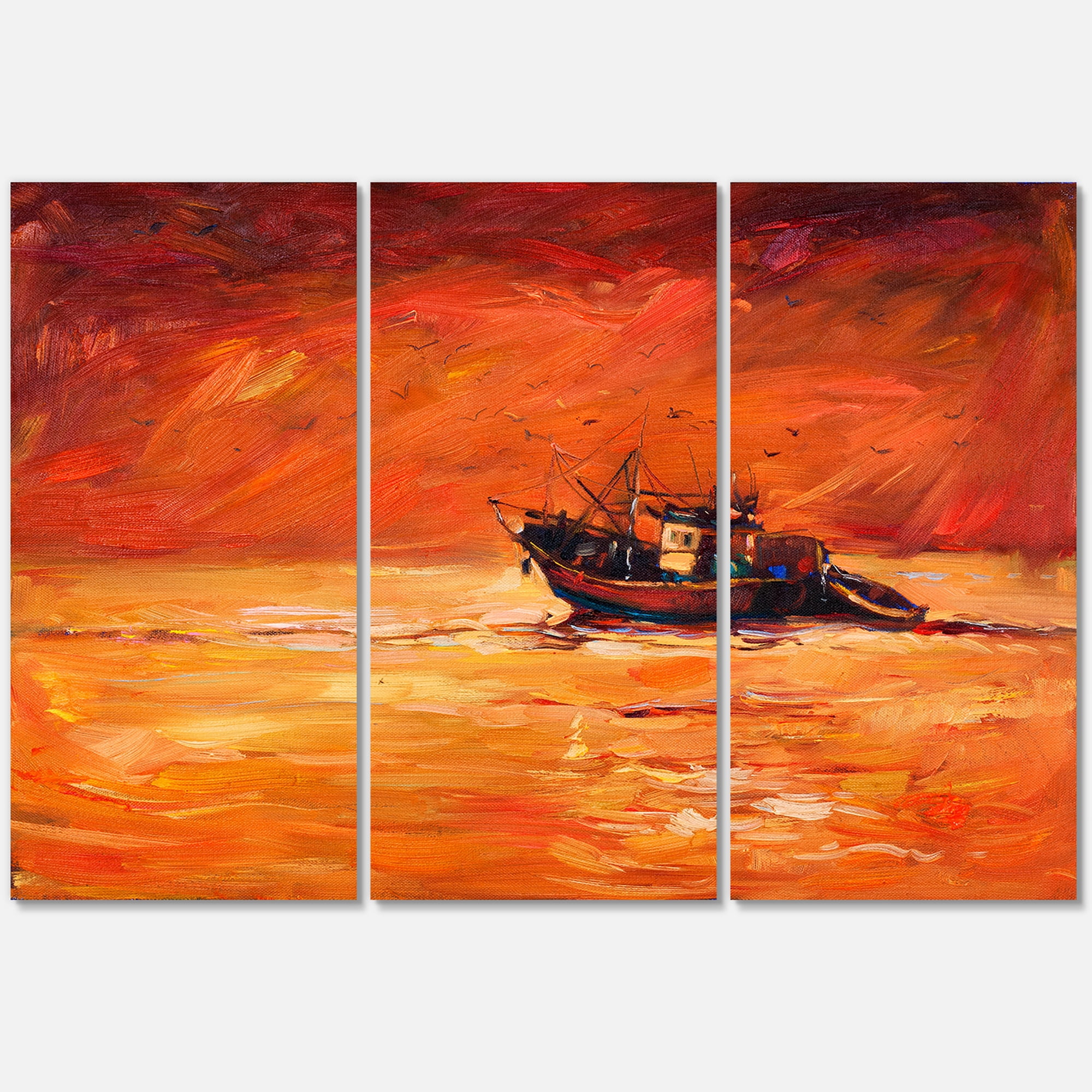 Designart ' Fishing Boat During Red Evening Glow ' Nautical & Coastal Canvas Wall Art Print