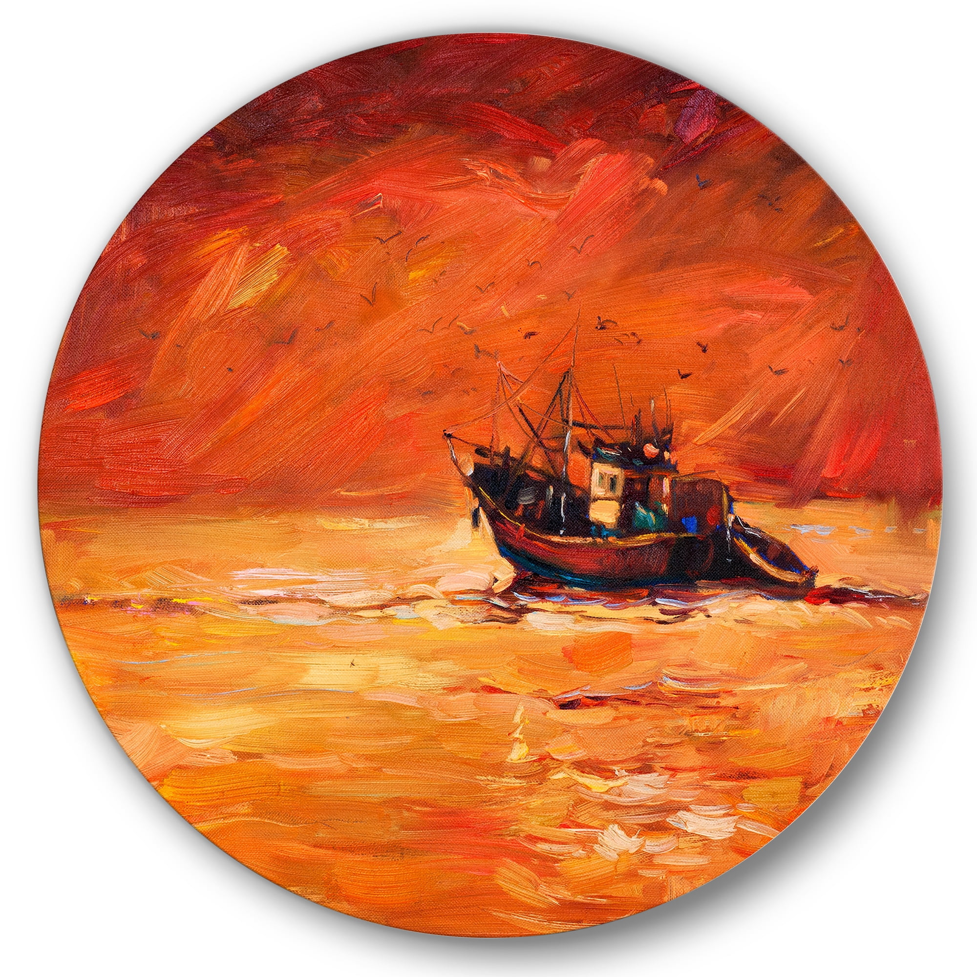 Designart 'Fishing Boat During Red Evening Glow' Nautical & Coastal Circle Metal Wall Art 36x36 - Disc of 36