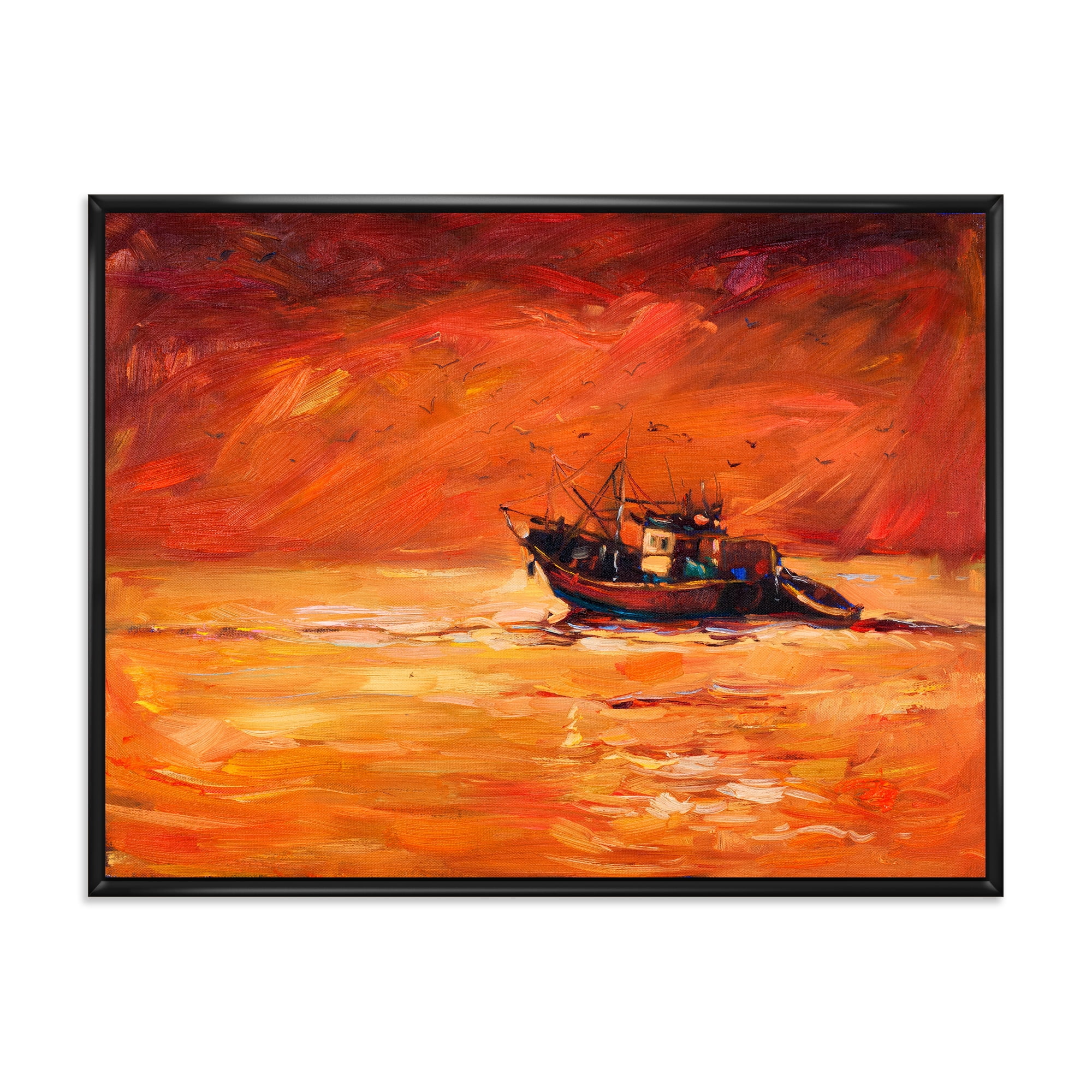 Designart 'Fishing Boat During Red Evening Glow' Nautical & Coastal Framed Canvas Wall Art Print