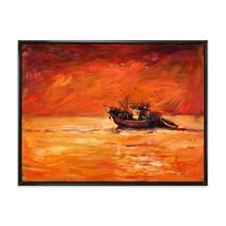 Designart 'Fishing Boat During Red Evening Glow' Nautical & Coastal Framed Canvas Wall Art Print