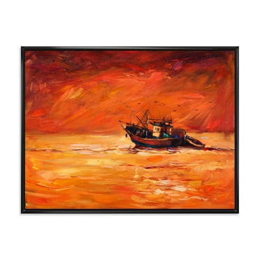 Designart 'Fishing Boat During Red Evening Glow' Nautical & Coastal Framed Canvas Wall Art Print