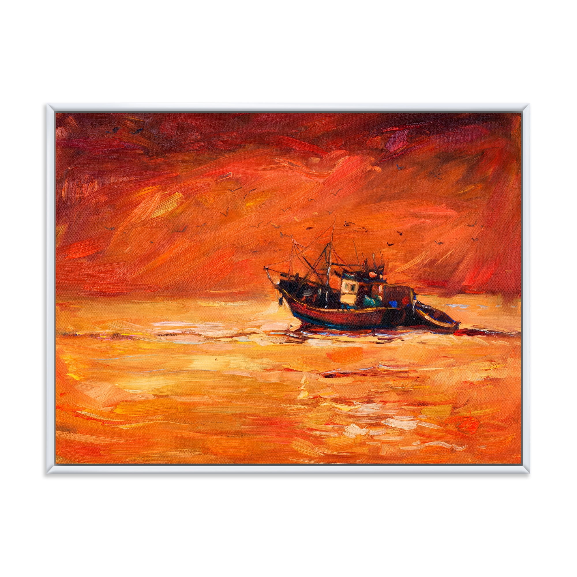 Designart 'Fishing Boat During Red Evening Glow' Nautical & Coastal Framed Canvas Wall Art Print