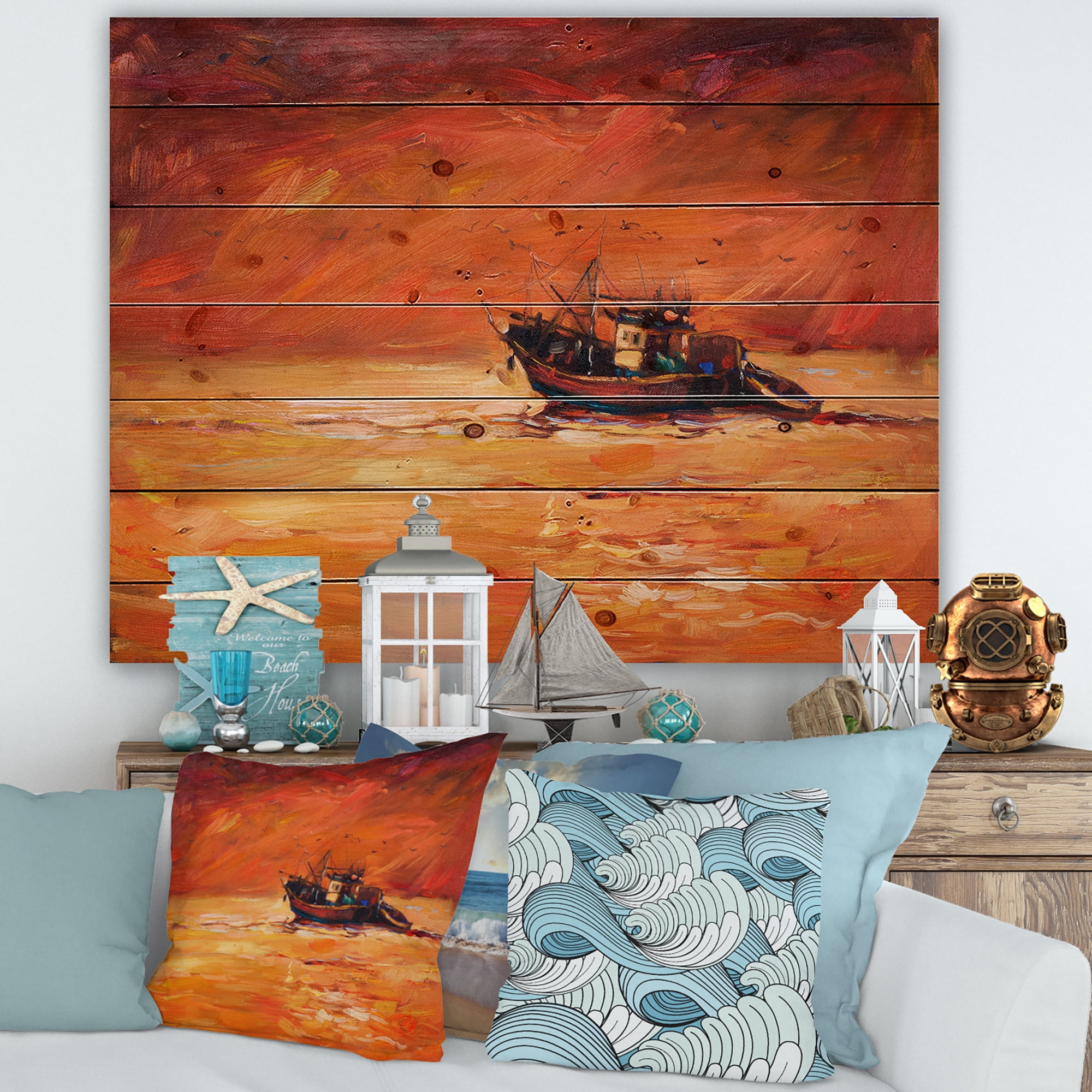 Designart 'Fishing Boat During Red Evening Glow' Nautical & Coastal Print on Natural Pine Wood