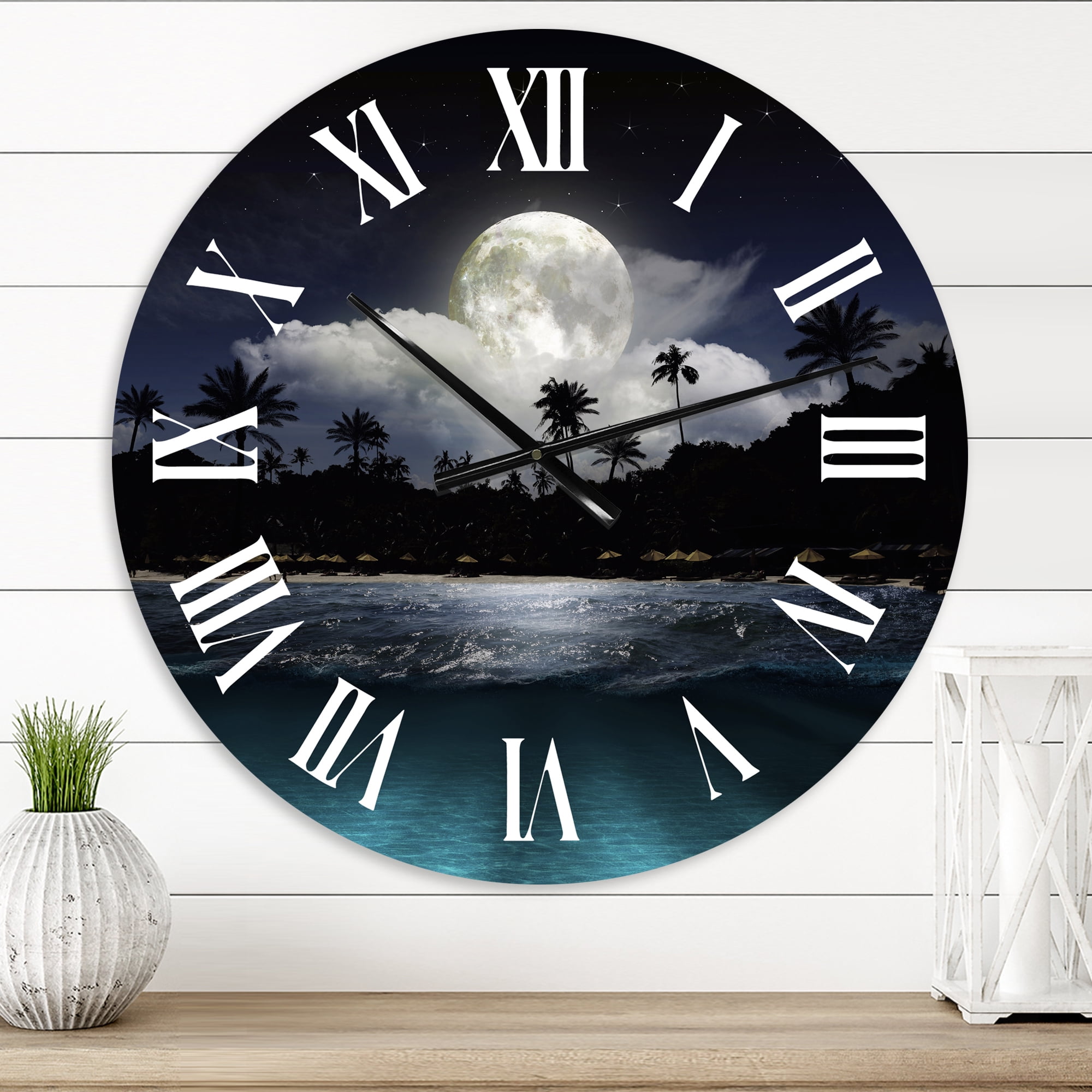 Designart 'Fishing Boat Under Tropical Full Moon' Modern Wall Clock