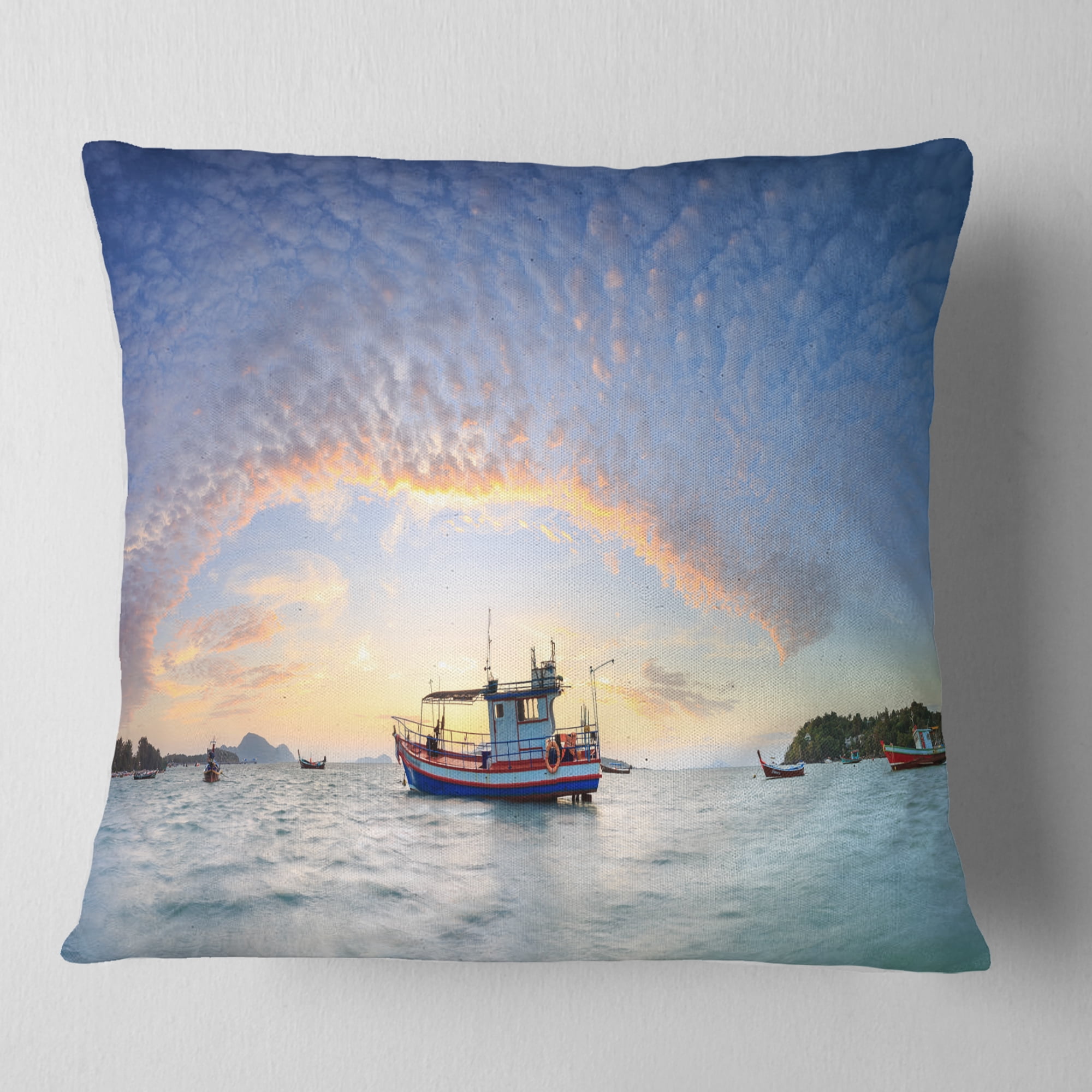 Designart Fishing Boat at Phuket Sunrise Beach - Modern Seascape Throw Pillow - 16x16