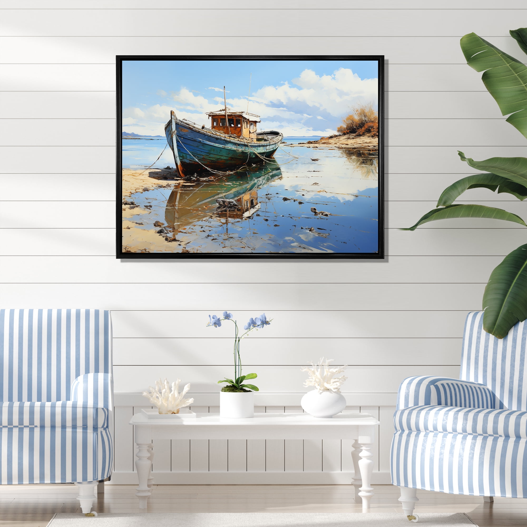 Designart "Fishing Boat by the Lake II" Coastal Framed Wall Art ...