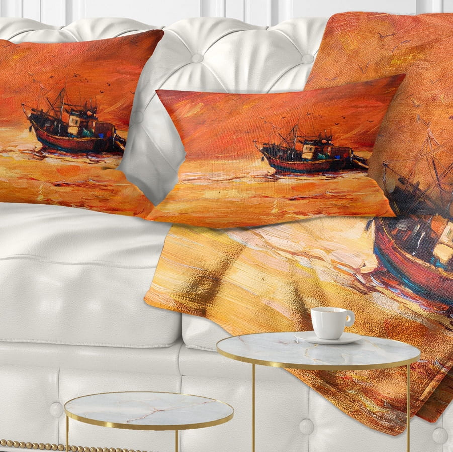 Designart Fishing Boat in Red Hue - Seascape Throw Pillow - 12x20