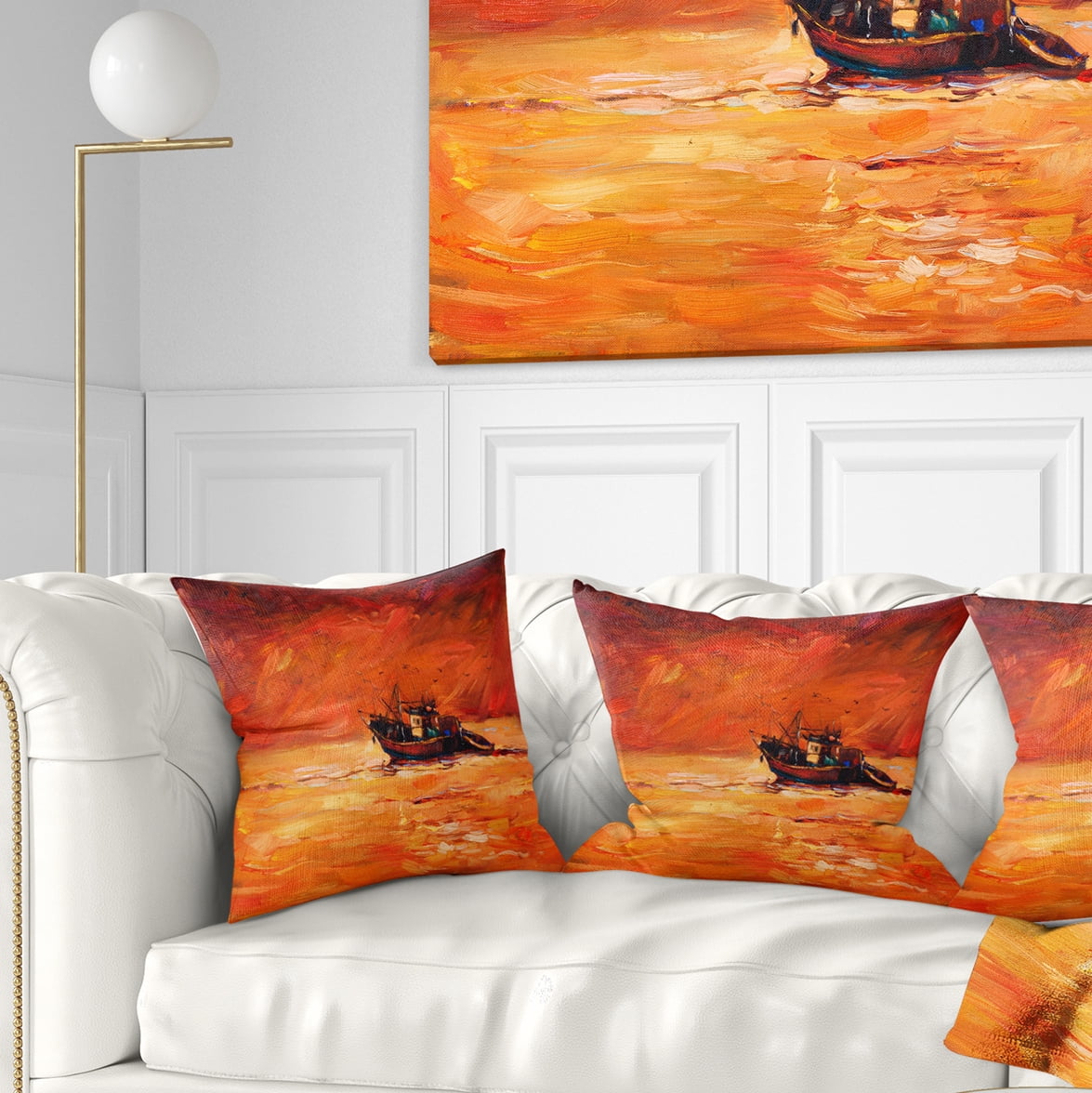 Designart Fishing Boat in Red Hue - Seascape Throw Pillow - 18x18