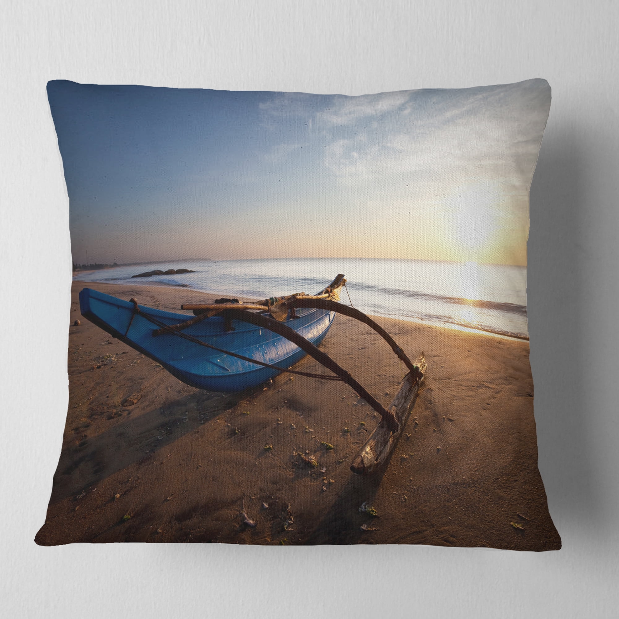 Designart Fishing Boat in Sri Lanka Beach - Seashore Throw Pillow - 18x18