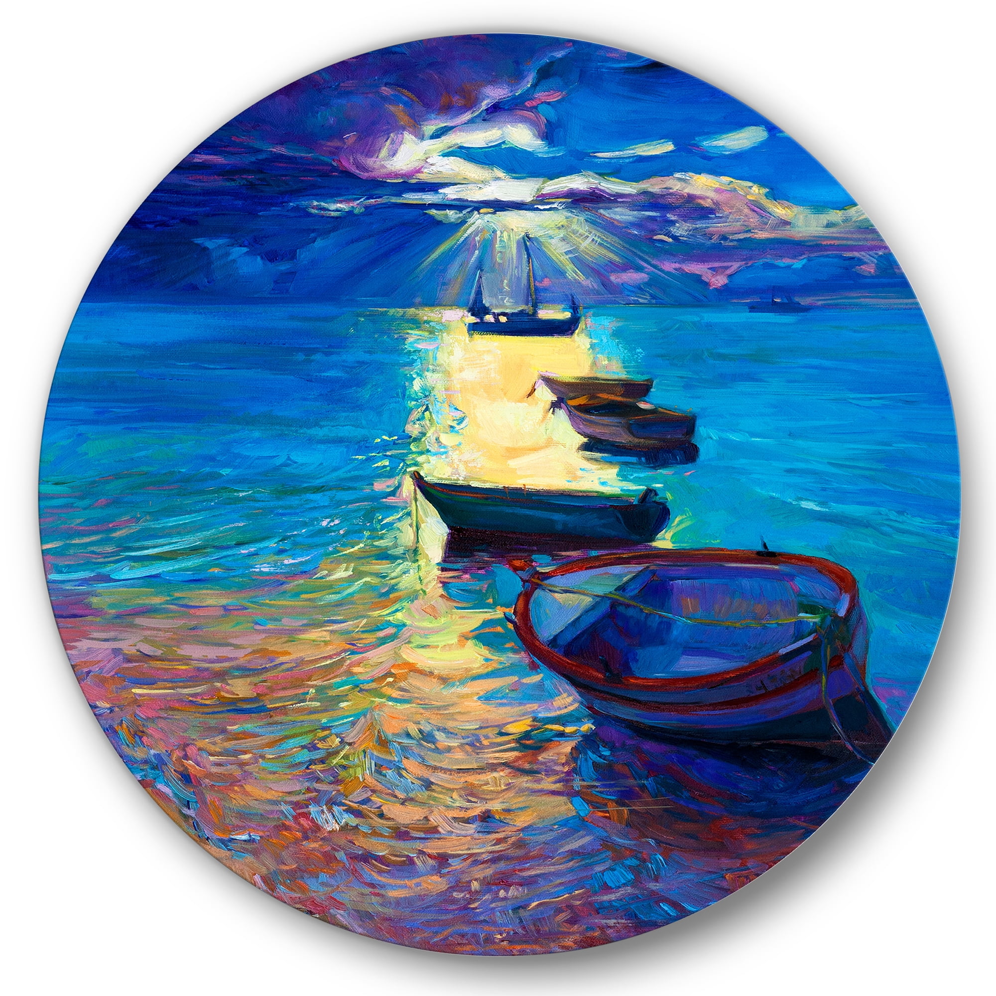 Designart 'Fishing Boats On The Water With Dark Blue Sky Illustration' Lake House Circle Metal Wall Art 11x11 - Disc of 11