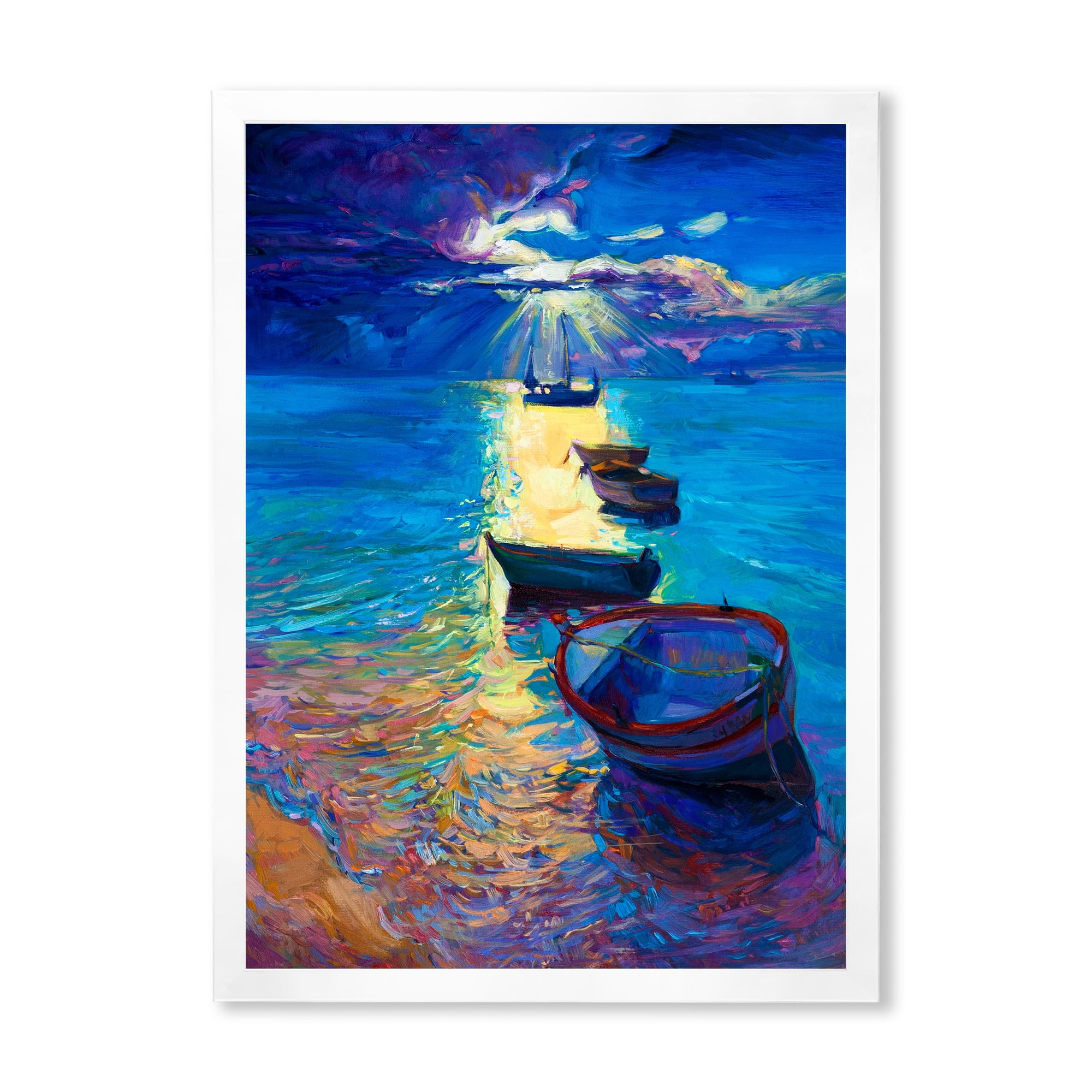 Designart 'Fishing Boats On The Water With Dark Blue Sky Illustration' Lake House Framed Art Print