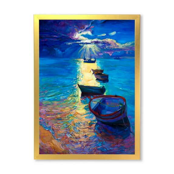 Designart 'Fishing Boats On The Water With Dark Blue Sky Illustration' Lake House Framed Art Print