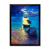 Designart 'Fishing Boats On The Water With Dark Blue Sky Illustration' Lake House Framed Art Print