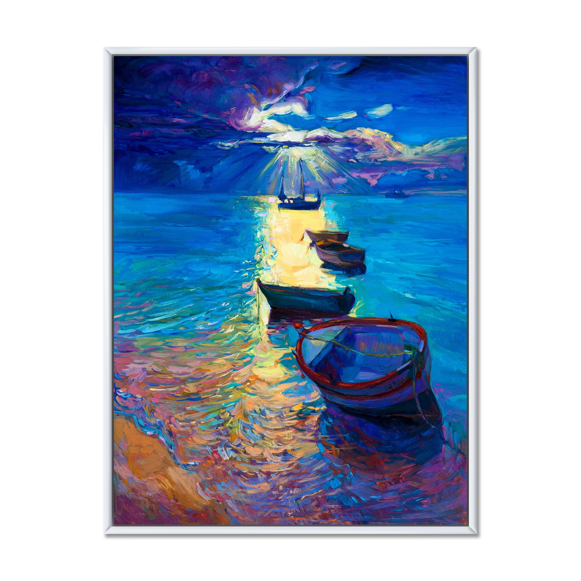 Designart 'Fishing Boats On The Water With Dark Blue Sky Illustration' Lake House Framed Canvas Wall Art Print