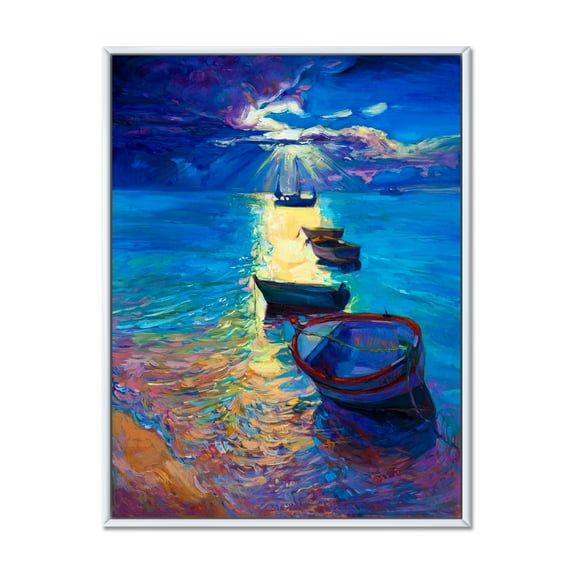 Designart 'Fishing Boats On The Water With Dark Blue Sky Illustration' Lake House Framed Canvas Wall Art Print
