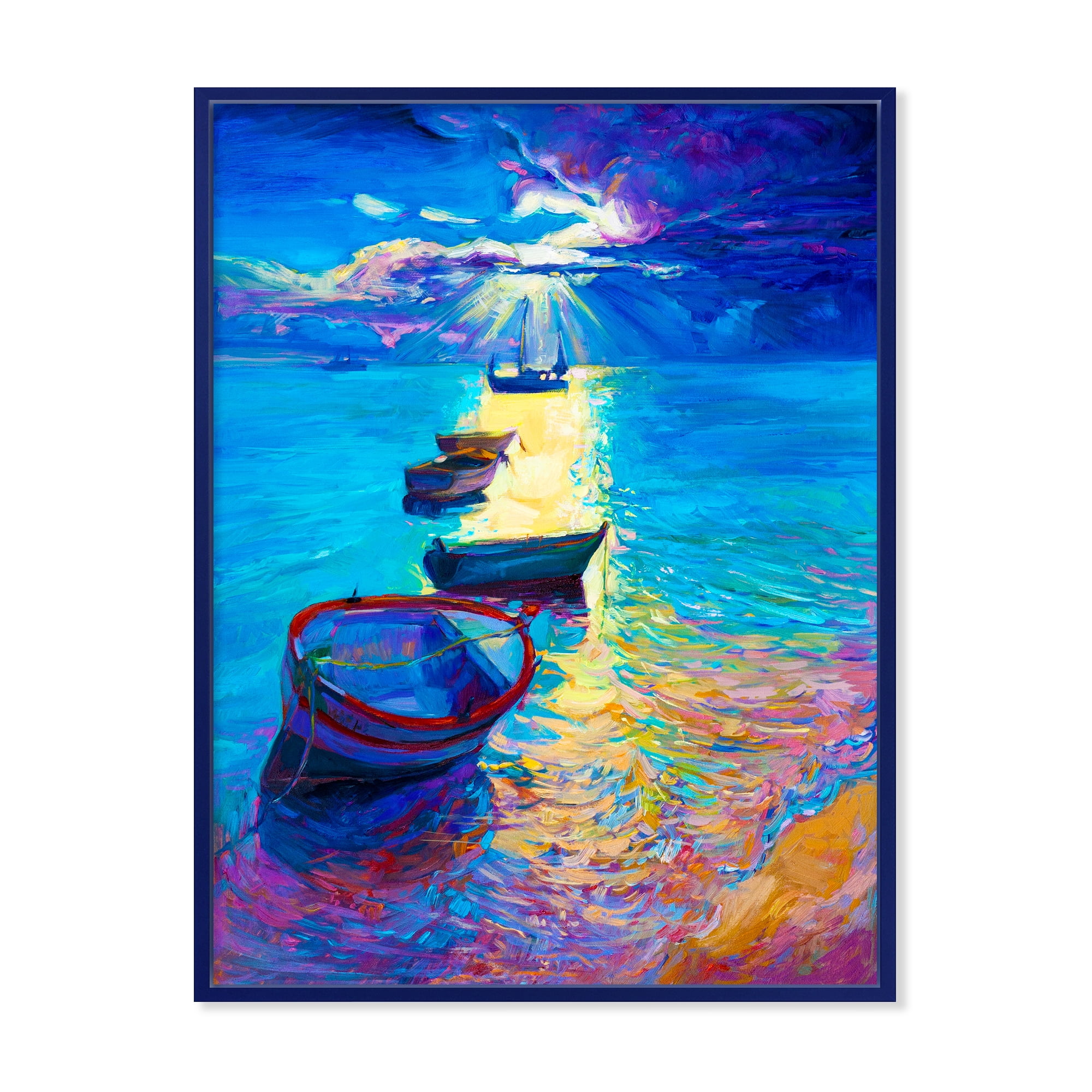 Designart 'Fishing Boats On The Water With Dark Blue Sky Illustration' Lake House Framed Canvas Wall Art Print
