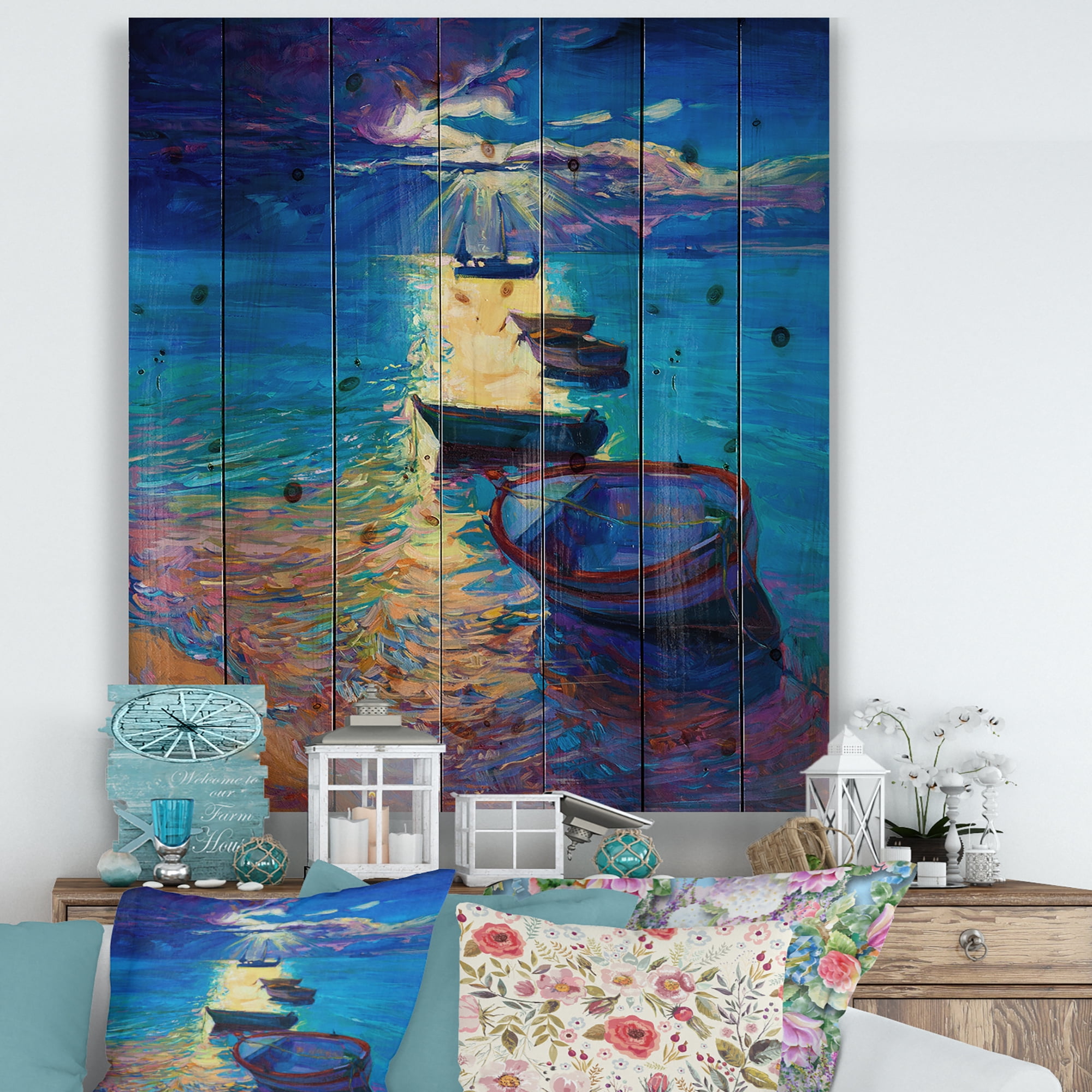 Designart 'Fishing Boats On The Water With Dark Blue Sky Illustration' Lake House Print on Natural Pine Wood
