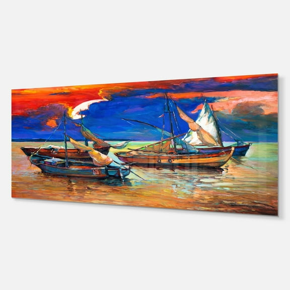 Designart 'Fishing Boats Under Blue Sky ' Seascape Metal Wall Art
