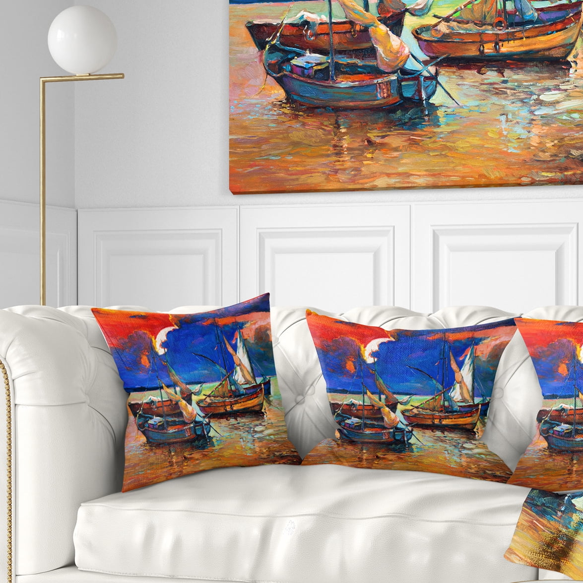 Designart Fishing Boats Under Blue Sky - Seascape Throw Pillow - 18x18