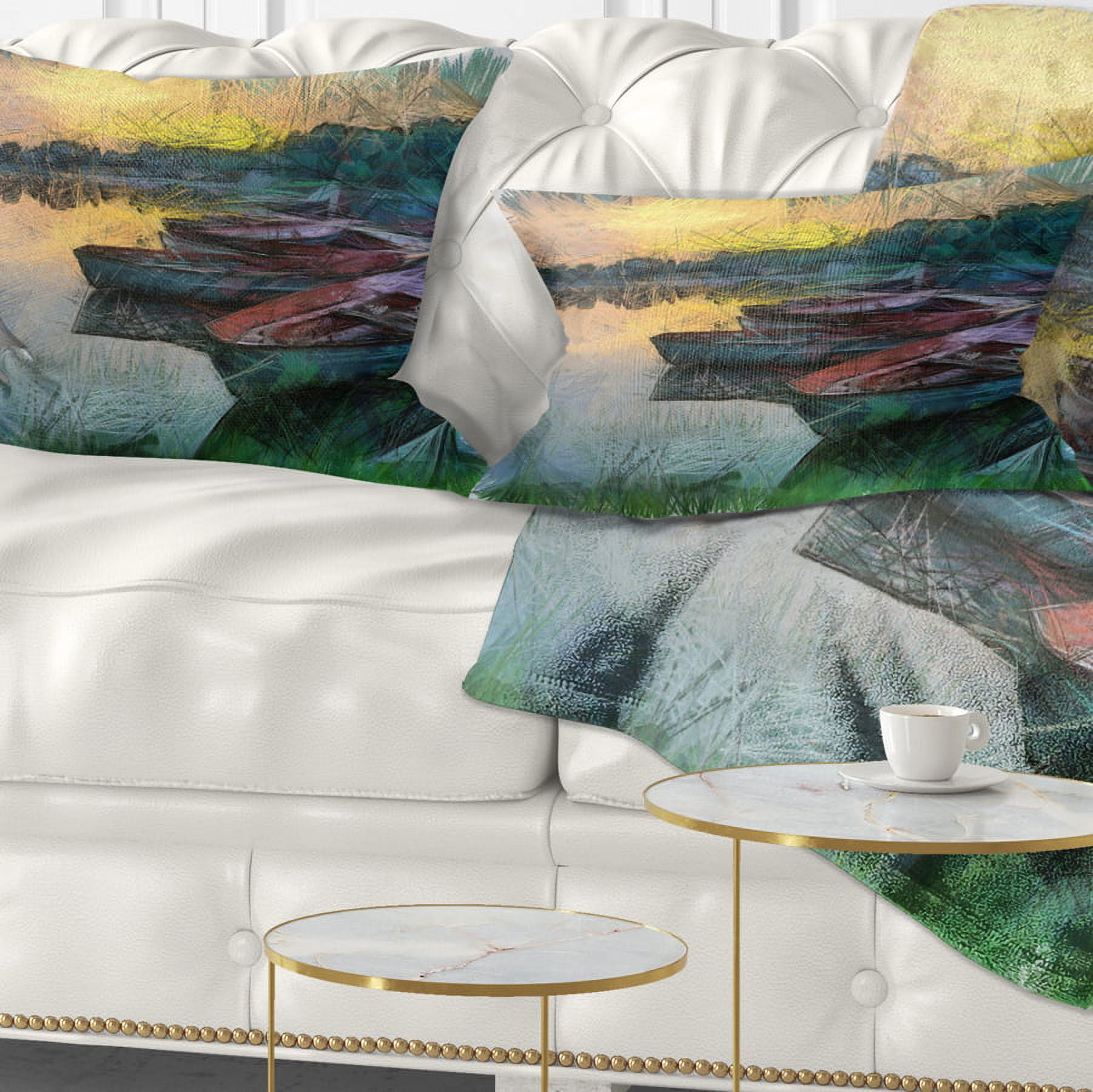 Designart Fishing Boats by River Watercolor - Landscape Printed Throw Pillow - 12x20