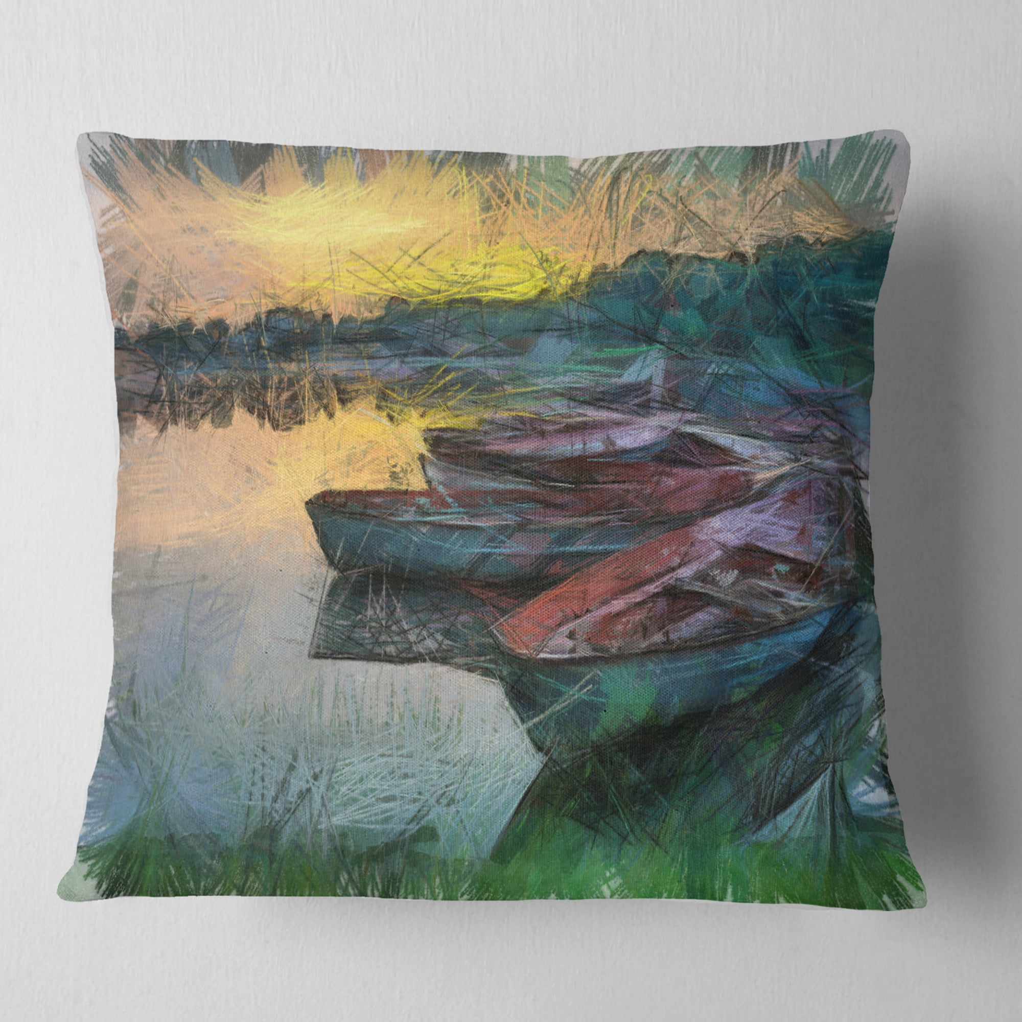 Designart Fishing Boats by River Watercolor - Landscape Printed Throw Pillow - 16x16