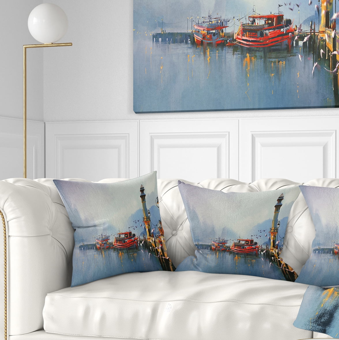 Designart Fishing Boats in Harbor - Landscape Painting Throw Pillow - 18x18