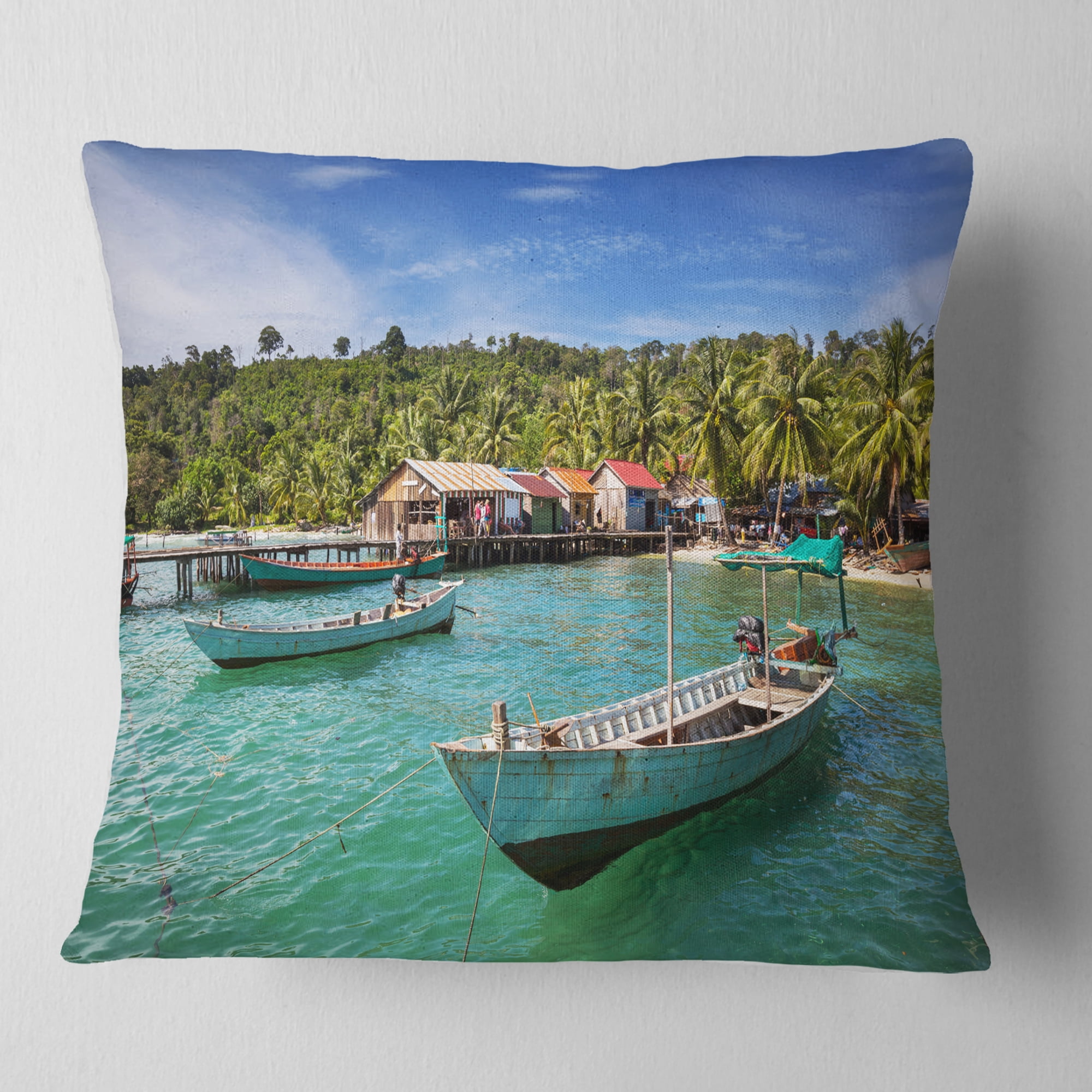 Designart Fishing Boats in Kep Cambodia - Seashore Throw Pillow - 16x16