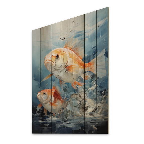 Designart "Fishing Carp composition I" Animals Print on Natural Pine Wood