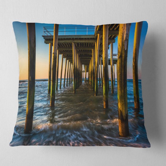 Designart Fishing Pier and Waves at Atlantic Sea - Pier Seascape Throw Pillow - 16x16