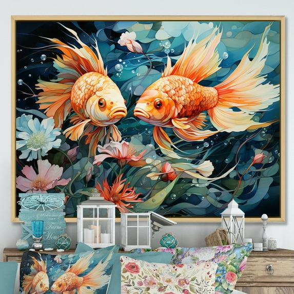 Designart "Fishing curious Waters I" Animals Floater Framed Wall Art Print