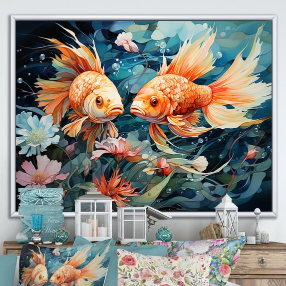 Designart "Fishing curious Waters I" Animals Floater Framed Wall Art Print