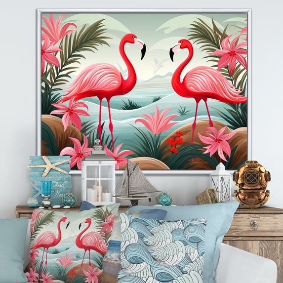 Designart "Flamingo Dance Amidst Tropical Colors II" Animals Framed Wall Art - Modern Farmhouse Pink Flamingo Entryway Framed Wall Art Print