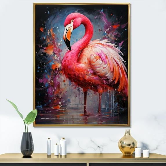 Designart "Flamingo Intense Fuchsia Artdeco" Animals Floater Framed Canvas Art Print