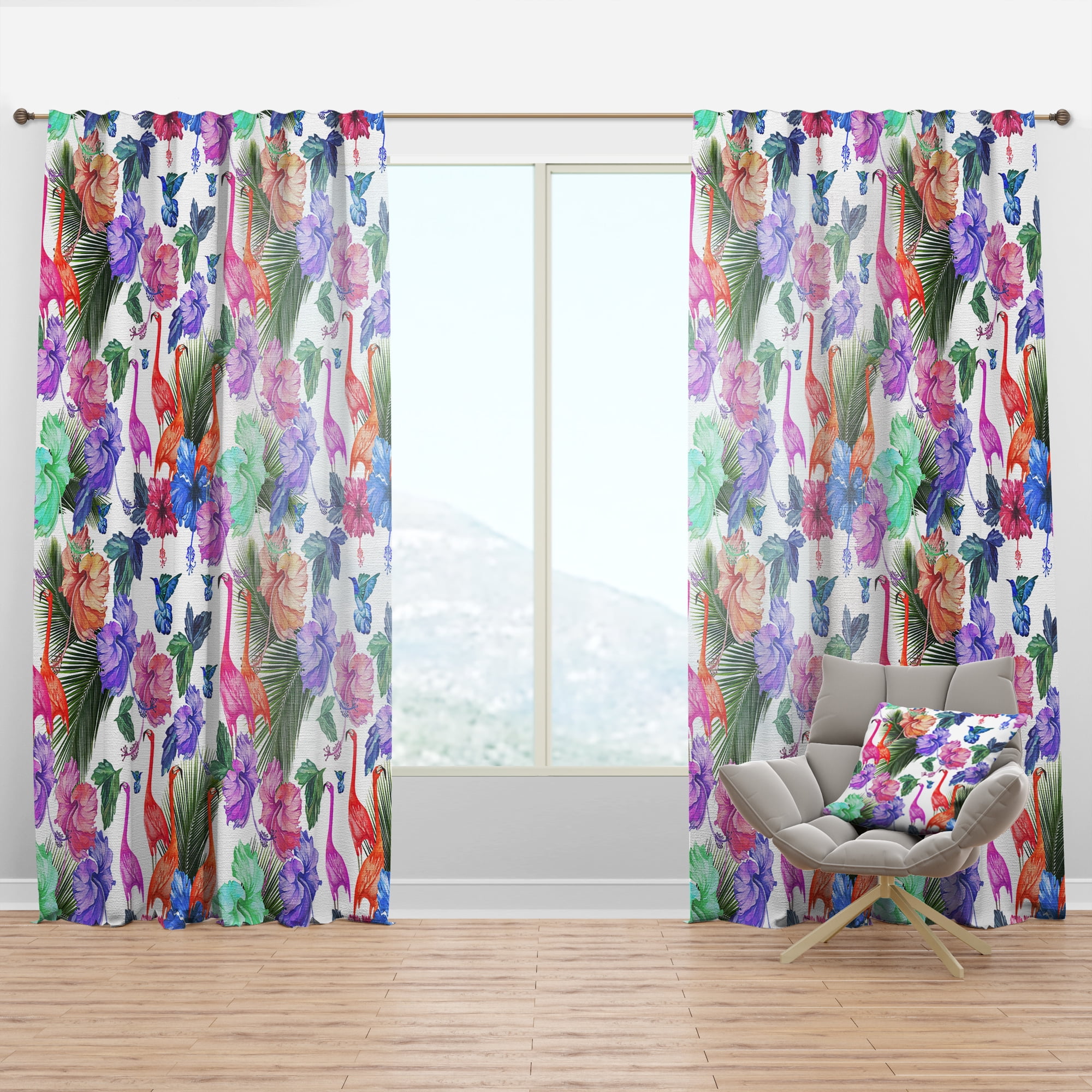 Designart 'Flamingo With Flowers' Tropical Curtain Panel