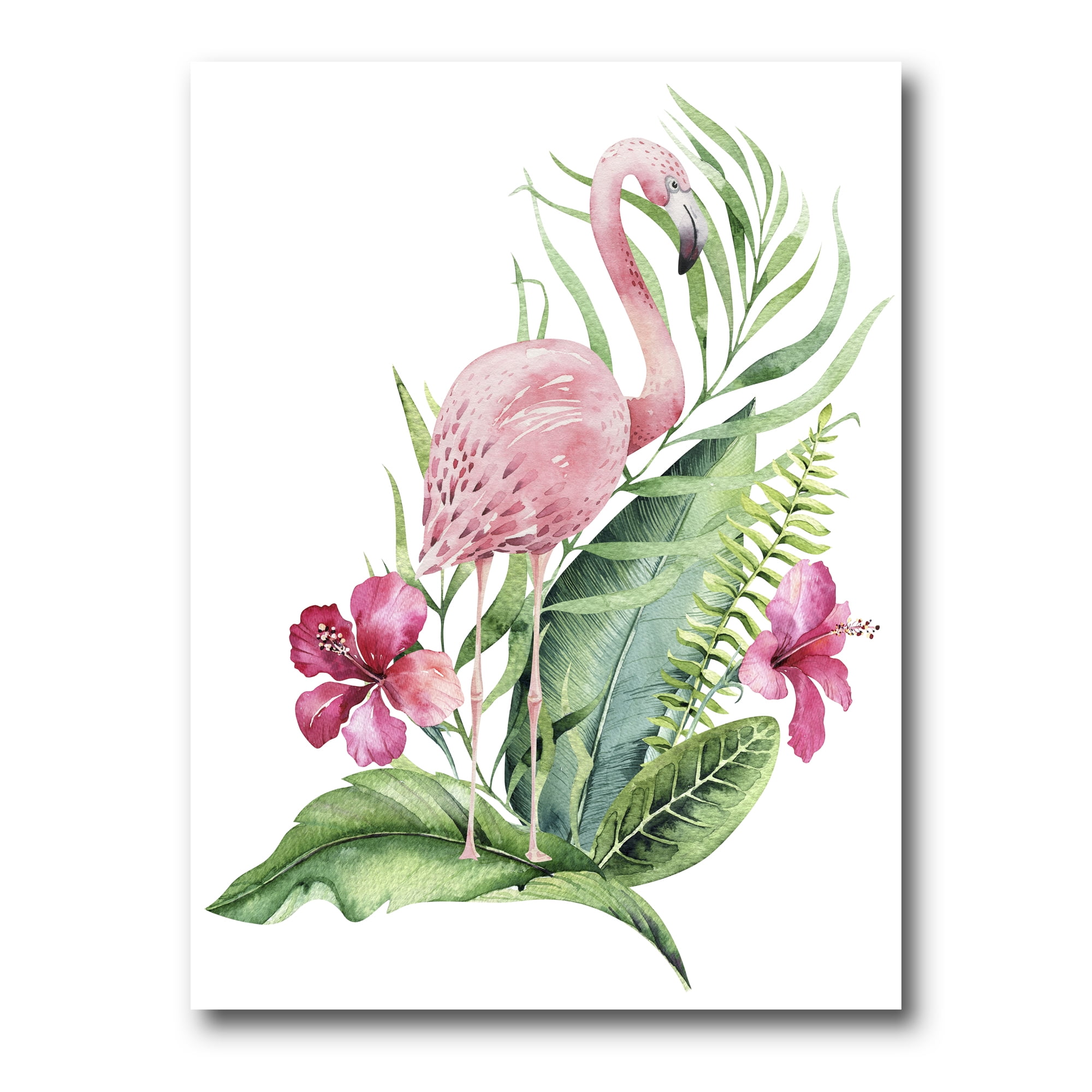 Designart ' Flamingo With Pink Flowers and Exotic Foliage ' Traditional Canvas Wall Art Print