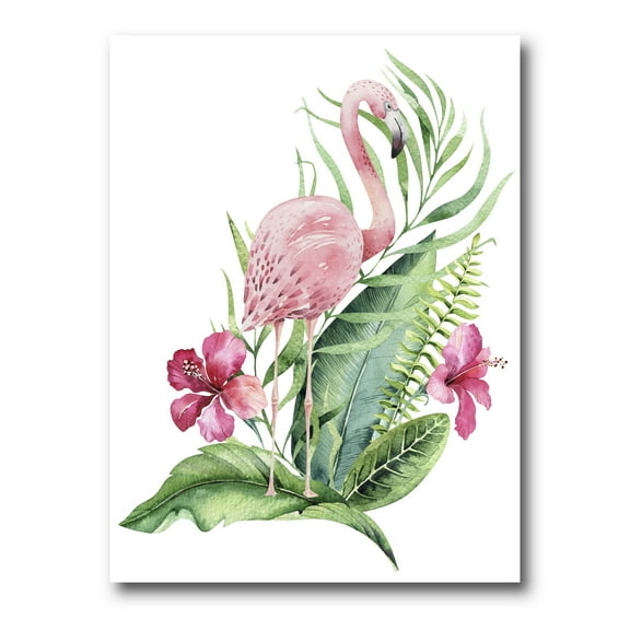 Designart ' Flamingo With Pink Flowers and Exotic Foliage ' Traditional Canvas Wall Art Print