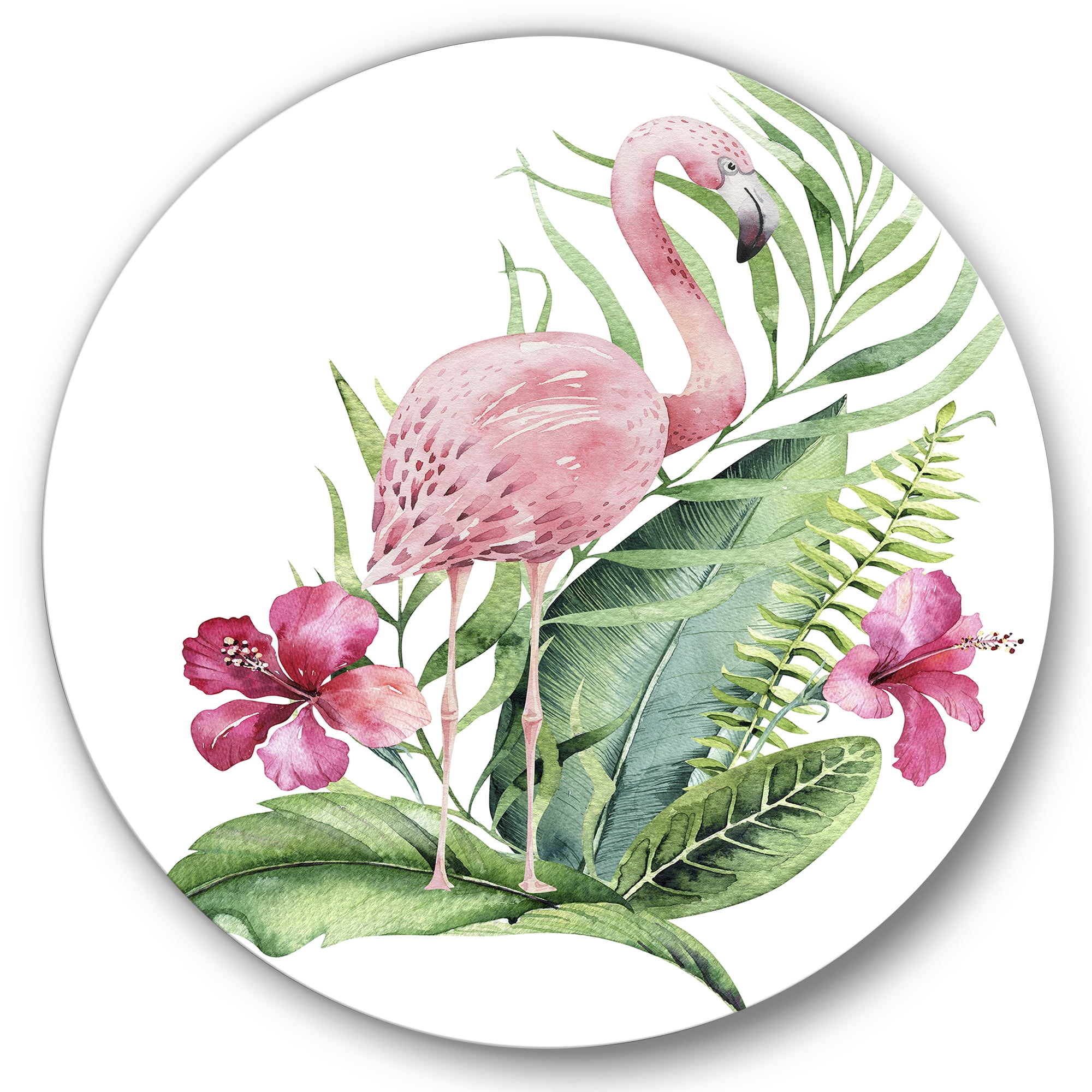 Designart 'Flamingo With Pink Flowers and Exotic Foliage' Traditional Circle Metal Wall Art 23x23 - Disc of 23