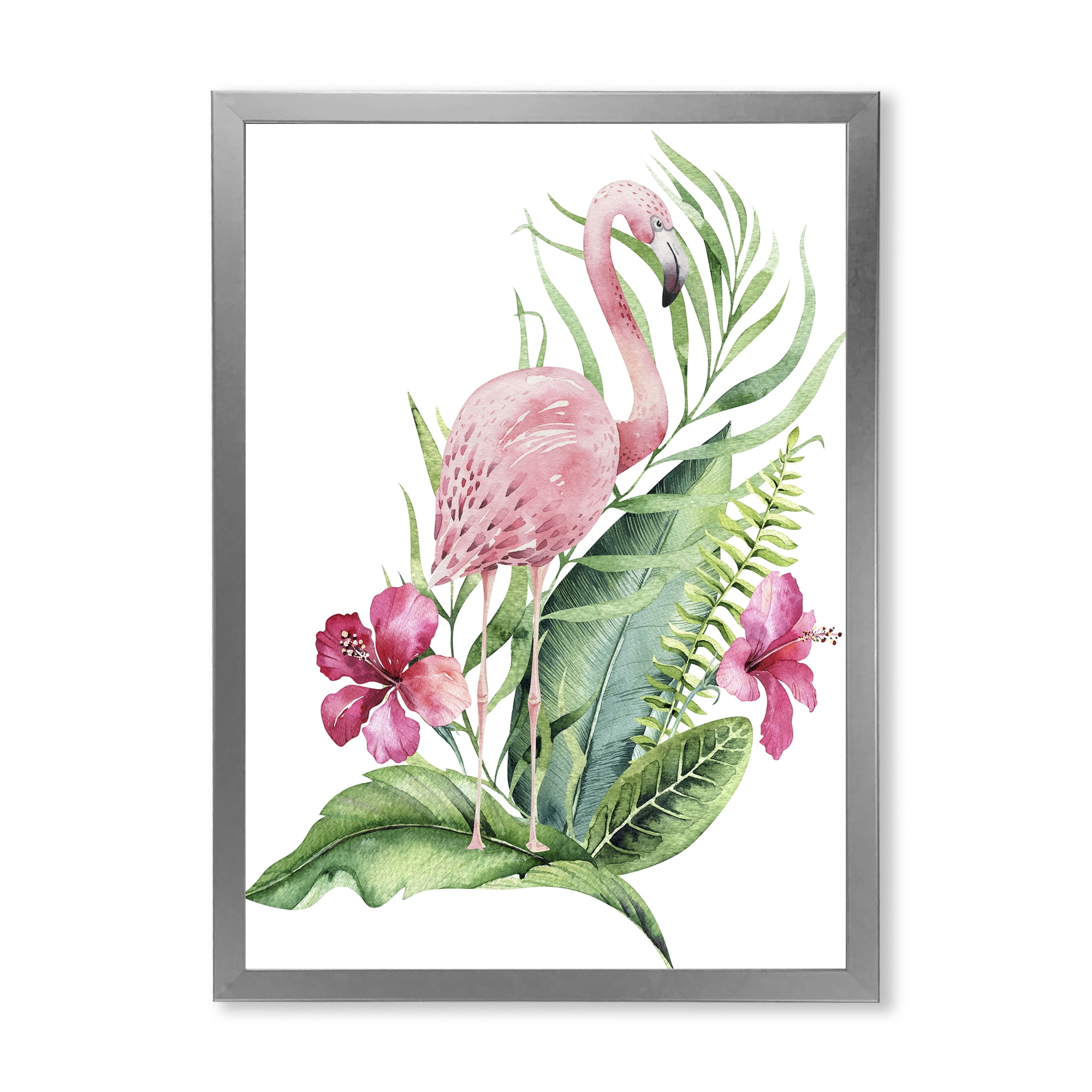 Designart 'Flamingo With Pink Flowers and Exotic Foliage' Traditional Framed Art Print