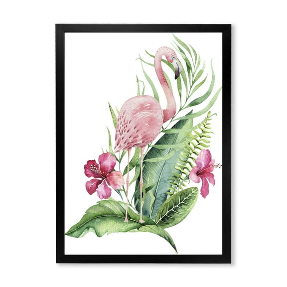 Designart 'Flamingo With Pink Flowers and Exotic Foliage' Traditional Framed Art Print