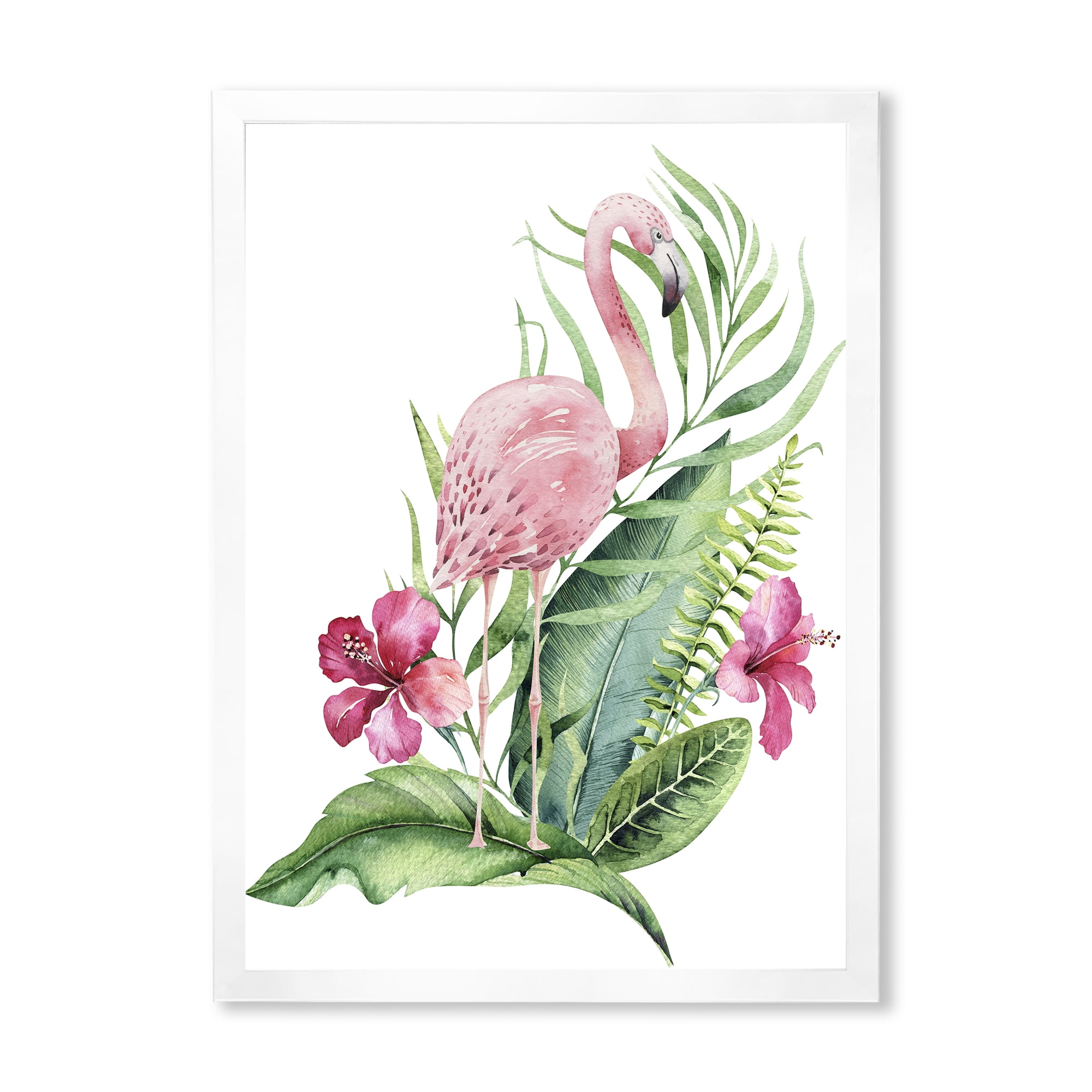 Designart 'Flamingo With Pink Flowers and Exotic Foliage' Traditional Framed Art Print