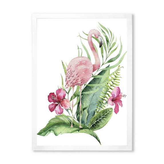 Designart 'Flamingo With Pink Flowers and Exotic Foliage' Traditional Framed Art Print