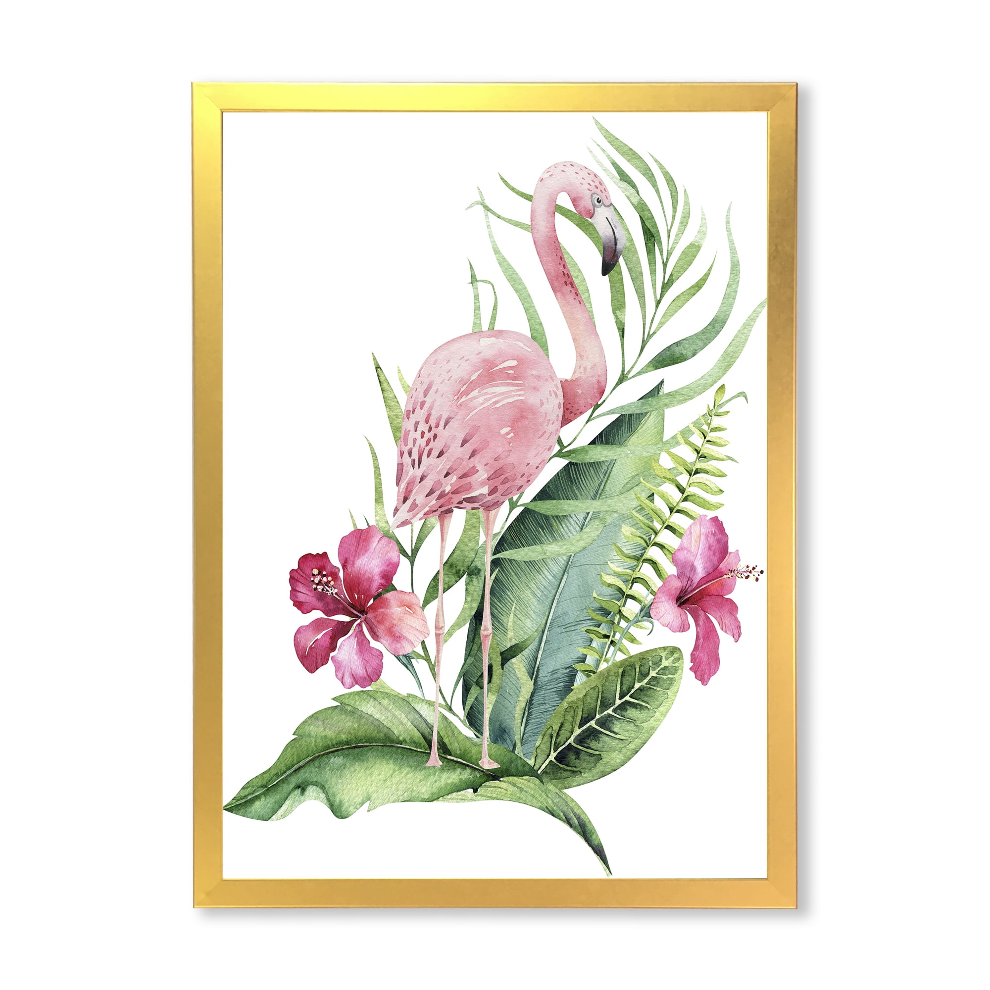 Designart 'Flamingo With Pink Flowers and Exotic Foliage' Traditional Framed Art Print