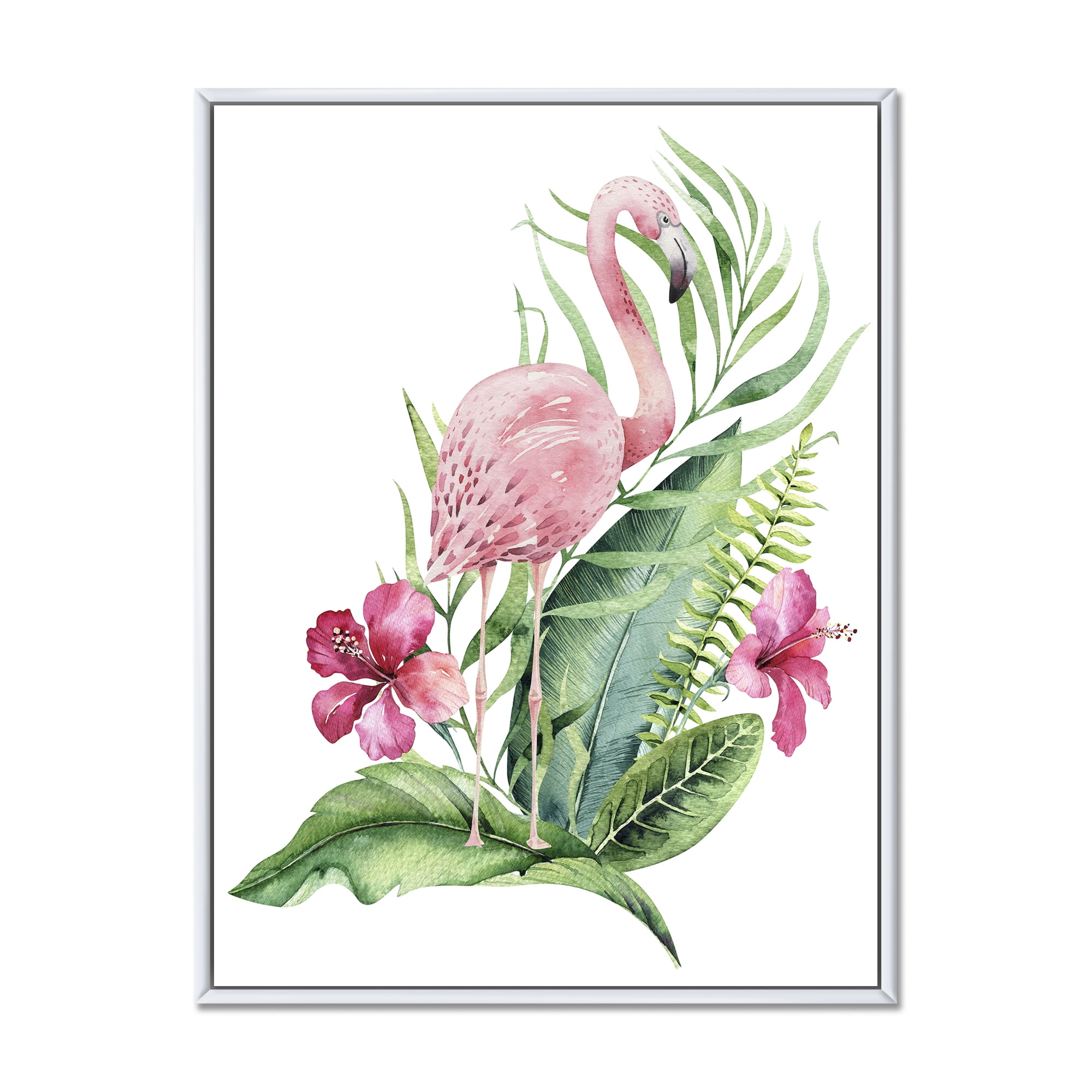 Designart 'Flamingo With Pink Flowers and Exotic Foliage' Traditional Framed Canvas Wall Art Print