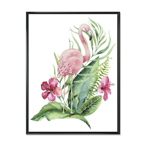 Designart 'Flamingo With Pink Flowers and Exotic Foliage' Traditional Framed Canvas Wall Art Print