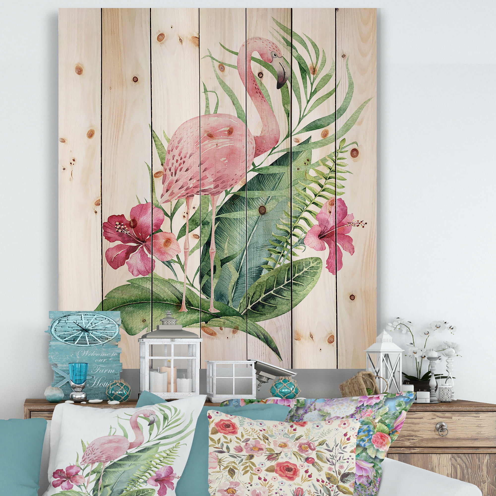 Designart 'Flamingo With Pink Flowers and Exotic Foliage' Traditional Print on Natural Pine Wood