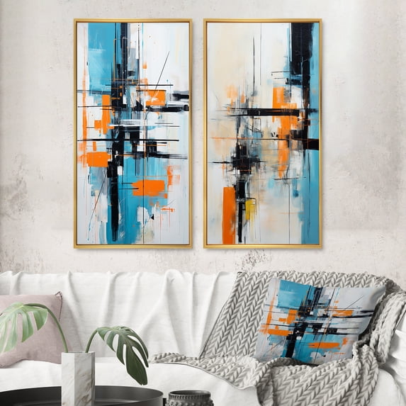 Designart "Fleeting Patience Minimal Abstract I" Abstract Painting Framed Wall Art Set Of 2 - Modern Blue Frame Gallery Set For Office Decor