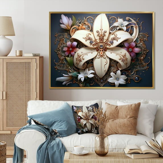 Designart "Fleur-De-Lis Capturing the Stylized Lily I" Floral Floater Framed Canvas Wall Art